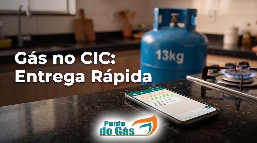 Celular aberto no WhatsApp em cima da pia da cozinha com um botijão de gás ao fundo, simbolizando a facilidade de pedir gás perto de mim no CIC em Curitiba com o Ponto do Gás.